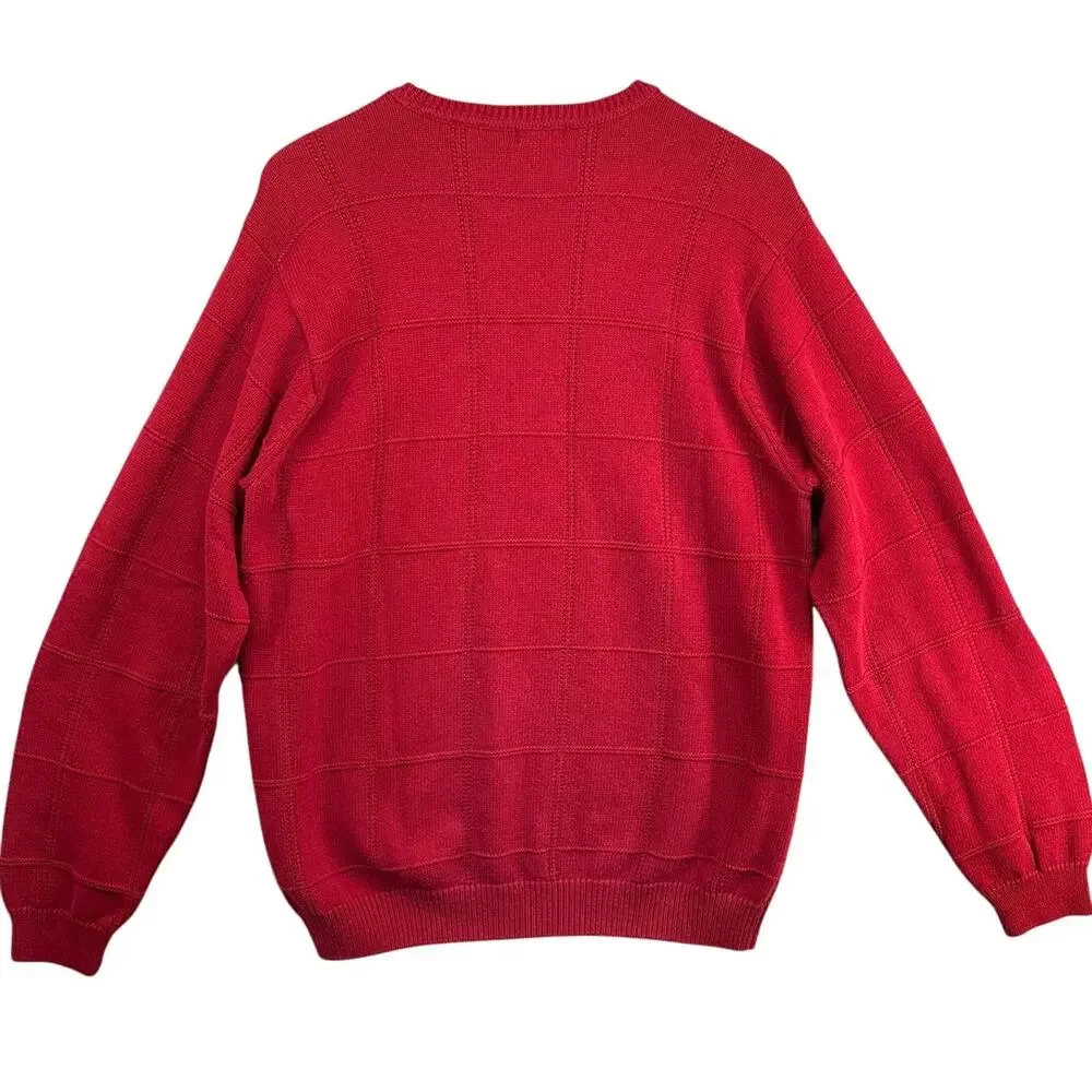 Izod Vintage Red Textured Windowpane Check Pattern Cotton Crewneck Sweater Men L